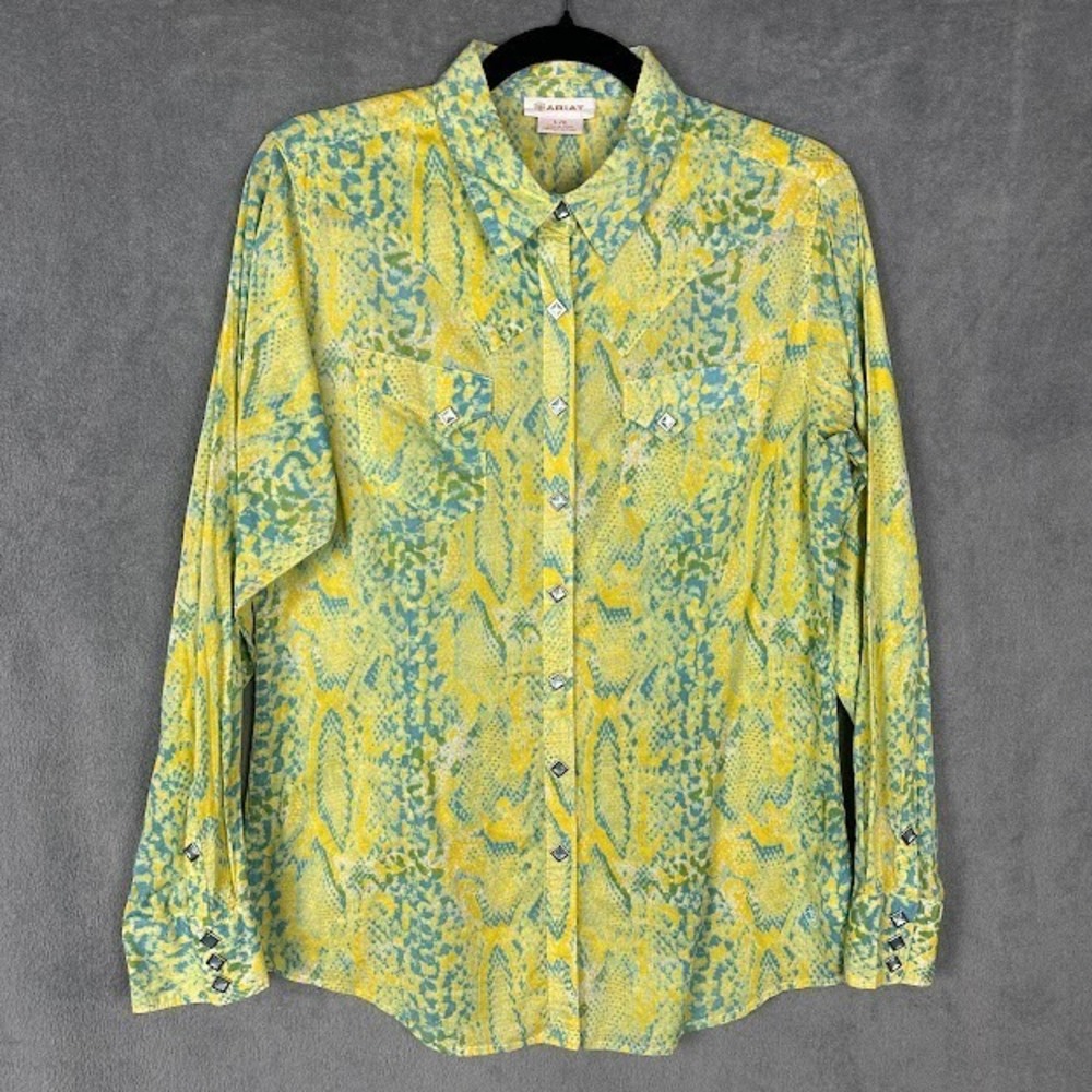 Ariat Top Womens Large Green Snakeprint Pearl Snap Long Sleeve Rodeo Western
